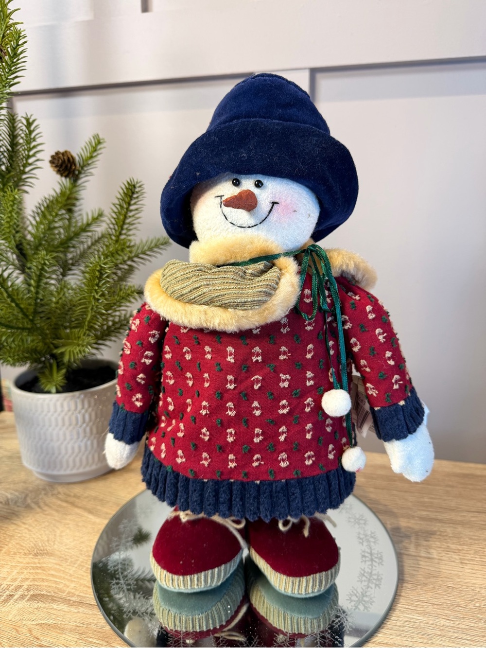 Festive Red Snowman Figurine with Navy Hat Décor Collectible 14”